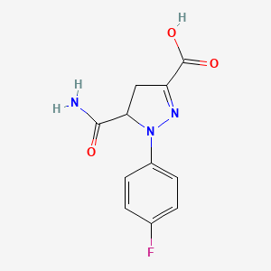 molecular formula C11H10FN3O3 B1520997 5-氨基甲酰基-1-(4-氟苯基)-4,5-二氢-1H-吡唑-3-羧酸 CAS No. 1152880-87-9