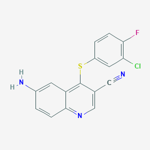 molecular formula C16H9ClFN3S B15214185 6-Amino-4-[(3-chloro-4-fluorophenyl)sulfanyl]quinoline-3-carbonitrile CAS No. 928779-57-1