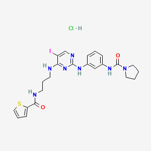 molecular formula C23H27ClIN7O2S B15217726 N-[3-[[5-iodo-4-[3-(thiophene-2-carbonylamino)propylamino]pyrimidin-2-yl]amino]phenyl]pyrrolidine-1-carboxamide;hydrochloride CAS No. 1472611-45-2