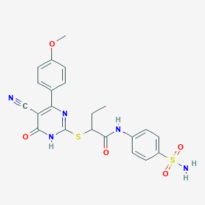 molecular formula C22H21N5O5S2 B15222584 2-((5-Cyano-4-(4-methoxyphenyl)-6-oxo-1,6-dihydropyrimidin-2-yl)thio)-N-(4-sulfamoylphenyl)butanamide 