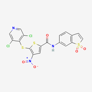 molecular formula C18H9Cl2N3O5S3 B15223145 5-((3,5-Dichloropyridin-4-yl)thio)-N-(1,1-dioxidobenzo[b]thiophen-6-yl)-4-nitrothiophene-2-carboxamide 