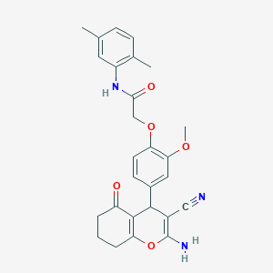 molecular formula C27H27N3O5 B15226554 2-(4-(2-Amino-3-cyano-5-oxo-5,6,7,8-tetrahydro-4H-chromen-4-yl)-2-methoxyphenoxy)-N-(2,5-dimethylphenyl)acetamide 