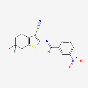 molecular formula C17H15N3O2S B15227429 6-Methyl-2-[(3-nitro-benzylidene)-amino]-4,5,6,7-tetrahydro-benzo[b]thiophene-3-carbonitrile 