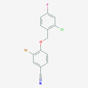 molecular formula C14H8BrClFNO B15229699 3-Bromo-4-((2-chloro-4-fluorobenzyl)oxy)benzonitrile 