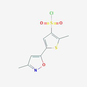 molecular formula C9H8ClNO3S2 B1523256 2-Methyl-5-(3-methyl-5-isoxazolyl)-3-thiophenesulfonyl chloride CAS No. 1283341-02-5