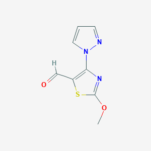 molecular formula C8H7N3O2S B15239584 2-Methoxy-4-(1H-pyrazol-1-yl)-1,3-thiazole-5-carbaldehyde 