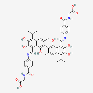 2-[[4-[(E)-[7-[8-[(E)-[4-(carboxymethylcarbamoyl)phenyl]iminomethyl]-1,6,7-trihydroxy-5-isopropyl-3-methyl-2-naphthyl]-2,3,8-trihydroxy-4-isopropyl-6-methyl-1-naphthyl]methyleneamino]benzoyl]amino]acetic acid