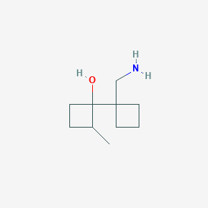 molecular formula C10H19NO B15258773 1-[1-(Aminomethyl)cyclobutyl]-2-methylcyclobutan-1-ol 