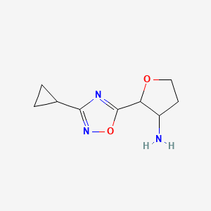 molecular formula C9H13N3O2 B15260300 2-(3-Cyclopropyl-1,2,4-oxadiazol-5-yl)oxolan-3-amine 