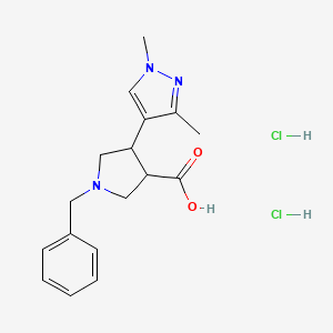 molecular formula C17H23Cl2N3O2 B15260933 1-Benzyl-4-(1,3-dimethyl-1H-pyrazol-4-yl)pyrrolidine-3-carboxylic acid dihydrochloride 