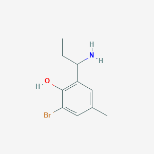 molecular formula C10H14BrNO B15274343 2-(1-Aminopropyl)-6-bromo-4-methylphenol 