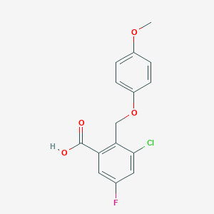 molecular formula C15H12ClFO4 B15281178 3-Chloro-5-fluoro-2-((4-methoxyphenoxy)methyl)benzoic acid 