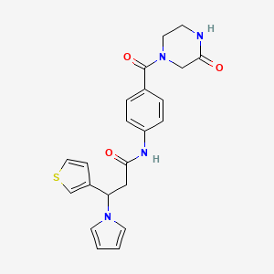 molecular formula C22H22N4O3S B15283595 N-{4-[(3-oxo-1-piperazinyl)carbonyl]phenyl}-3-(1H-pyrrol-1-yl)-3-(3-thienyl)propanamide 