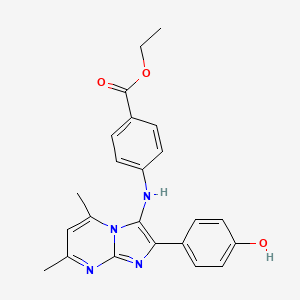 molecular formula C23H22N4O3 B15283610 Ethyl 4-{[2-(4-hydroxyphenyl)-5,7-dimethylimidazo[1,2-a]pyrimidin-3-yl]amino}benzoate 