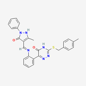 molecular formula C28H24N6O2S B15284335 4-[(2-{5-hydroxy-3-[(4-methylbenzyl)sulfanyl]-1,2,4-triazin-6-yl}anilino)methylene]-5-methyl-2-phenyl-2,4-dihydro-3H-pyrazol-3-one 