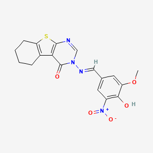 3-[[(E)-(3-methoxy-5-nitro-4-oxocyclohexa-2,5-dien-1-ylidene)methyl]amino]-5,6,7,8-tetrahydro-[1]benzothiolo[2,3-d]pyrimidin-4-one