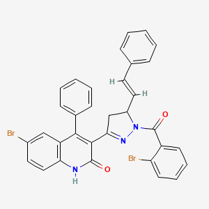 {3-(6-bromo-2-hydroxy-4-phenylquinolin-3-yl)-5-[(E)-2-phenylethenyl]-4,5-dihydro-1H-pyrazol-1-yl}(2-bromophenyl)methanone