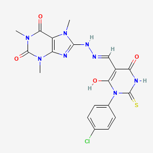 molecular formula C19H17ClN8O4S B15284670 8-{2-[(1-(4-chlorophenyl)-4,6-dioxo-2-thioxotetrahydro-5(2H)-pyrimidinylidene)methyl]hydrazino}-1,3,7-trimethyl-3,7-dihydro-1H-purine-2,6-dione 