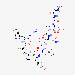 (3S)-4-[(2S)-2-[[(2S)-4-amino-1-[[(2S)-6-amino-1-[[(2S)-1-[[(2S)-1-[(5S)-7-[(2R)-1-[[(2S)-1-amino-3-(1H-indol-3-yl)-1-oxopropan-2-yl]amino]-4-methyl-1-oxopentan-2-yl]-6-oxo-1,7-diazaspiro[4.4]nonan-1-yl]-3-(4-hydroxyphenyl)-1-oxopropan-2-yl]amino]-1-oxo-3-phenylpropan-2-yl]amino]-1-oxohexan-2-yl]amino]-1,4-dioxobutan-2-yl]carbamoyl]pyrrolidin-1-yl]-4-oxo-3-[[(2S)-2-[[(2S)-5-oxopyrrolidine-2-carbonyl]amino]propanoyl]amino]butanoic acid