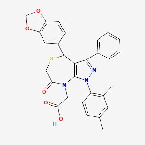 molecular formula C29H25N3O5S B15296434 4-(1,3-Benzodioxol-5-yl)-1-(2,4-dimethylphenyl)-1,4,6,7-tetrahydro-7-oxo-3-phenyl-8H-pyrazolo[3,4-e][1,4]thiazepine-8-acetic Acid 