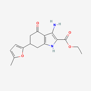 molecular formula C16H18N2O4 B1530591 3-氨基-6-(5-甲基-2-呋喃基)-4-氧代-4,5,6,7-四氢-1H-吲哚-2-羧酸乙酯 CAS No. 1428139-42-7