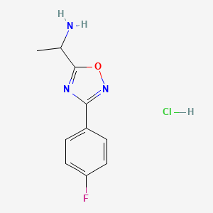 molecular formula C10H11ClFN3O B1532313 1-[3-(4-Fluorophenyl)-1,2,4-oxadiazol-5-yl]ethan-1-amine hydrochloride CAS No. 1221725-41-2