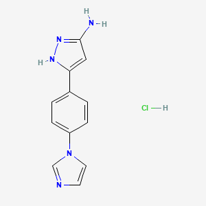 molecular formula C12H12ClN5 B15336490 3-Amino-5-[4-(1-imidazolyl)phenyl]pyrazole Hydrochloride 