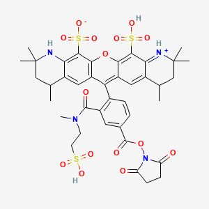 molecular formula C40H44N4O15S3 B15338964 13-[4-(2,5-dioxopyrrolidin-1-yl)oxycarbonyl-2-[methyl(2-sulfoethyl)carbamoyl]phenyl]-7,7,9,17,19,19-hexamethyl-22-sulfo-2-oxa-6-aza-20-azoniapentacyclo[12.8.0.03,12.05,10.016,21]docosa-1(22),3(12),4,10,13,15,20-heptaene-4-sulfonate 