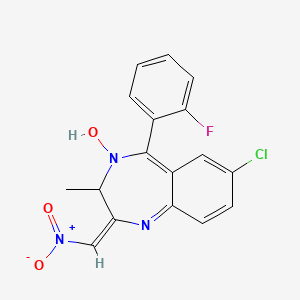 molecular formula C17H13ClFN3O3 B15347136 (2E)-7-chloro-5-(2-fluorophenyl)-4-hydroxy-3-methyl-2-(nitromethylidene)-3H-1,4-benzodiazepine 