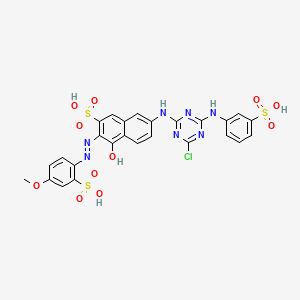 molecular formula C26H20ClN7O11S3 B15348781 7-((4-Chloro-6-((3-sulphophenyl)amino)-1,3,5-triazin-2-yl)amino)-4-hydroxy-3-((4-methoxy-2-sulphophenyl)azo)naphthalene-2-sulphonic acid CAS No. 59641-46-2