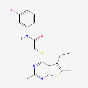 molecular formula C18H18FN3OS2 B15350258 Acetamide,2-[(5-ethyl-2,6-dimethylthieno[2,3-D]pyrimidin-4-YL)thio]-N-(3-fluorophenyl)- 