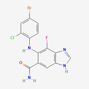 molecular formula C14H9BrClFN4O B15353882 5-((4-Bromo-2-chlorophenyl)amino)-4-fluoro-1H-benzo[d]imidazole-6-carboxamide 