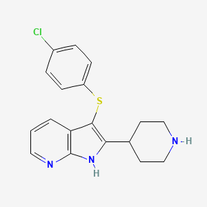 molecular formula C18H18ClN3S B15358749 3-[(4-chlorophenyl)sulfanyl]-2-(piperidin-4-yl)-1H-pyrrolo[2,3-b]pyridine 