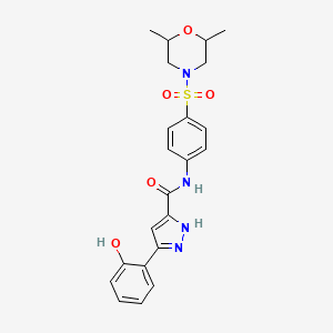 (5E)-N-[4-(2,6-dimethylmorpholin-4-yl)sulfonylphenyl]-5-(6-oxocyclohexa-2,4-dien-1-ylidene)-1,2-dihydropyrazole-3-carboxamide