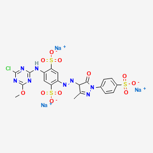 molecular formula C20H14ClN8Na3O11S3 B15472056 1,4-Benzenedisulfonic acid, 2-((4-chloro-6-methoxy-1,3,5-triazin-2-yl)amino)-5-((4,5-dihydro-3-methyl-5-oxo-1-(4-sulfophenyl)-1H-pyrazol-4-yl)azo)-, trisodium salt CAS No. 41973-82-4