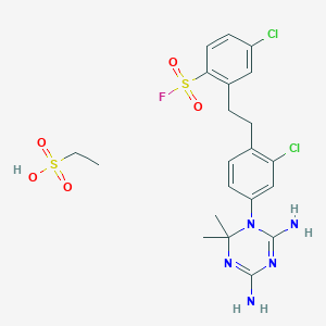 molecular formula C21H26Cl2FN5O5S2 B15479629 4-chloro-2-[2-[2-chloro-4-(4,6-diamino-2,2-dimethyl-1,3,5-triazin-1-yl)phenyl]ethyl]benzenesulfonyl fluoride;ethanesulfonic acid CAS No. 31368-42-0