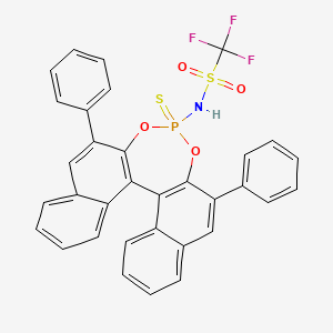 molecular formula C33H21F3NO4PS2 B15500158 N-(10,16-diphenyl-13-sulfanylidene-12,14-dioxa-13λ5-phosphapentacyclo[13.8.0.02,11.03,8.018,23]tricosa-1(15),2(11),3,5,7,9,16,18,20,22-decaen-13-yl)-1,1,1-trifluoromethanesulfonamide 