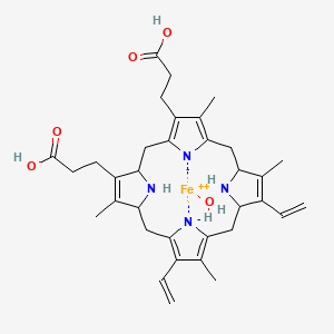 molecular formula C34H44FeN4O5 B15507204 3-[18-(2-carboxyethyl)-7,12-bis(ethenyl)-3,8,13,17-tetramethyl-1,4,5,10,11,14,15,20,21,23-decahydroporphyrin-22,24-diid-2-yl]propanoic acid;iron(2+);hydrate 