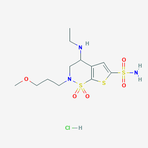 molecular formula C12H22ClN3O5S3 B15507269 4-(ethylamino)-2-(3-methoxypropyl)-1,1-dioxo-3,4-dihydrothieno[3,2-e]thiazine-6-sulfonamide;hydrochloride 