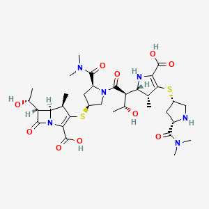 molecular formula C34H50N6O10S2 B1591160 (4R,5S,6S)-3-[(3S,5S)-1-[(2S,3R)-2-[(2S,3R)-5-Carboxy-4-[(3S,5S)-5-(dimethylcarbamoyl)pyrrolidin-3-yl]sulfanyl-3-methyl-2,3-dihydro-1H-pyrrol-2-yl]-3-hydroxybutanoyl]-5-(dimethylcarbamoyl)pyrrolidin-3-yl]sulfanyl-6-[(1R)-1-hydroxyethyl]-4-methyl-7-oxo-1-azabicyclo[3.2.0]hept-2-ene-2-carboxylic acid CAS No. 166901-45-7