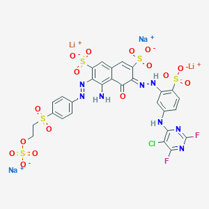 molecular formula C28H17ClF2Li2N8Na2O16S5 B159601 Lithium sodium hydrogen 4-amino-6-(5-(5-chloro-2,6-difluoropyrimidin-4-ylamino)-2-sulfonatophenylazo)-5-hydroxy-3-(4-(2-(sulfonatooxy)ethylsulfonyl)phenylazo)naphthalene-2,7-disulfonate CAS No. 132174-48-2