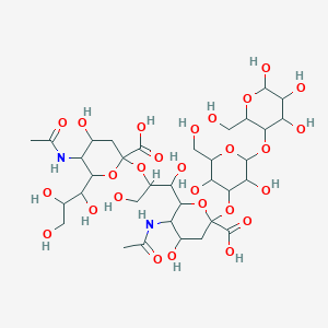 molecular formula C34H56N2O27 B1599941 5-Acetamido-6-[2-[5-acetamido-2-carboxy-4-hydroxy-6-(1,2,3-trihydroxypropyl)oxan-2-yl]oxy-1,3-dihydroxypropyl]-2-[3,5-dihydroxy-2-(hydroxymethyl)-6-[4,5,6-trihydroxy-2-(hydroxymethyl)oxan-3-yl]oxyoxan-4-yl]oxy-4-hydroxyoxane-2-carboxylic acid CAS No. 18409-15-9