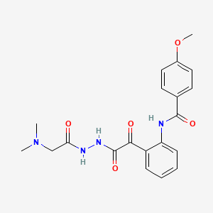 molecular formula C20H22N4O5 B1622077 Benzeneacetic acid, 2-((4-methoxybenzoyl)amino)-alpha-oxo-, 2-((dimethylamino)acetyl)hydrazide CAS No. 85080-15-5