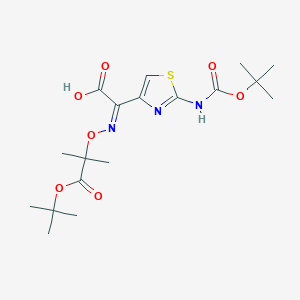 molecular formula C18H27N3O7S B1645999 2-(((1-(tert-Butoxy)-2-methyl-1-oxopropan-2-yl)oxy)imino)-2-(2-((tert-butoxycarbonyl)amino)thiazol-4-yl)acetic acid 