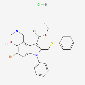 molecular formula C27H28BrClN2O3S B1650283 1H-Indole-3-carboxylic acid, 6-bromo-4-((dimethylamino)methyl)-5-hydroxy-1-phenyl-2-((phenylthio)methyl)-, ethyl ester, monohydrochloride CAS No. 116736-22-2