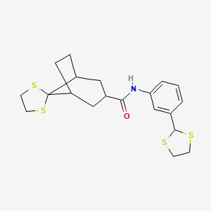 molecular formula C20H25NOS4 B1650516 N-[3-(1,3-dithiolan-2-yl)phenyl]spiro[bicyclo[3.2.1]octane-8,2'-[1,3]dithiolane]-3-carboxamide CAS No. 1185109-71-0