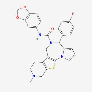 molecular formula C28H25FN4O3S B1650523 N-1,3-benzodioxol-5-yl-4-(4-fluorophenyl)-9-methyl-7,8,9,10-tetrahydro-4H-pyrido[4',3':4,5]thieno[3,2-f]pyrrolo[1,2-a][1,4]diazepine-5(6H)-carboxamide CAS No. 1185125-51-2
