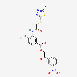 molecular formula C21H18N4O7S2 B1652256 2-(3-Nitrophenyl)-2-oxoethyl 4-methoxy-3-({[(5-methyl-1,3,4-thiadiazol-2-yl)thio]acetyl}amino)benzoate CAS No. 1417361-16-0