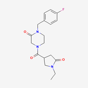 molecular formula C18H22FN3O3 B1652394 4-[(1-Ethyl-5-oxo-3-pyrrolidinyl)carbonyl]-1-(4-fluorobenzyl)-2-piperazinone CAS No. 1434747-60-0