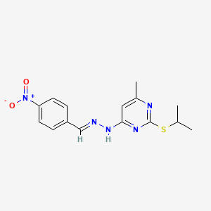 molecular formula C15H17N5O2S B1652645 4-Nitrobenzaldehyde (6-methyl-2-((1-methylethyl)thio)-4-pyrimidinyl)hydrazone CAS No. 154496-69-2